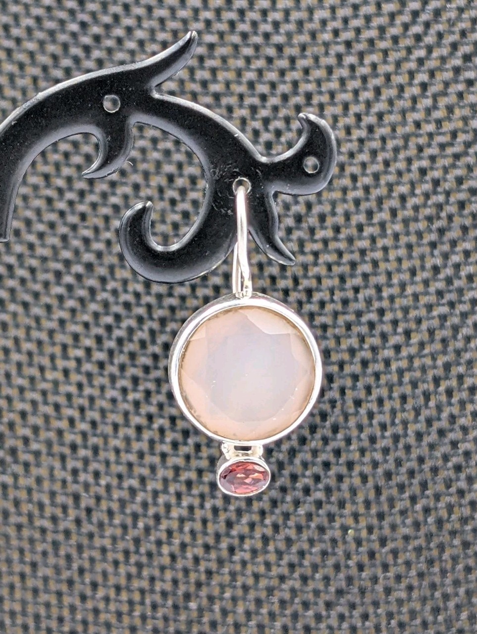 ISJ Vtg Sterling Silver Round Rose Quartz & Oval Garnet Hook Dangle 925 Earrings