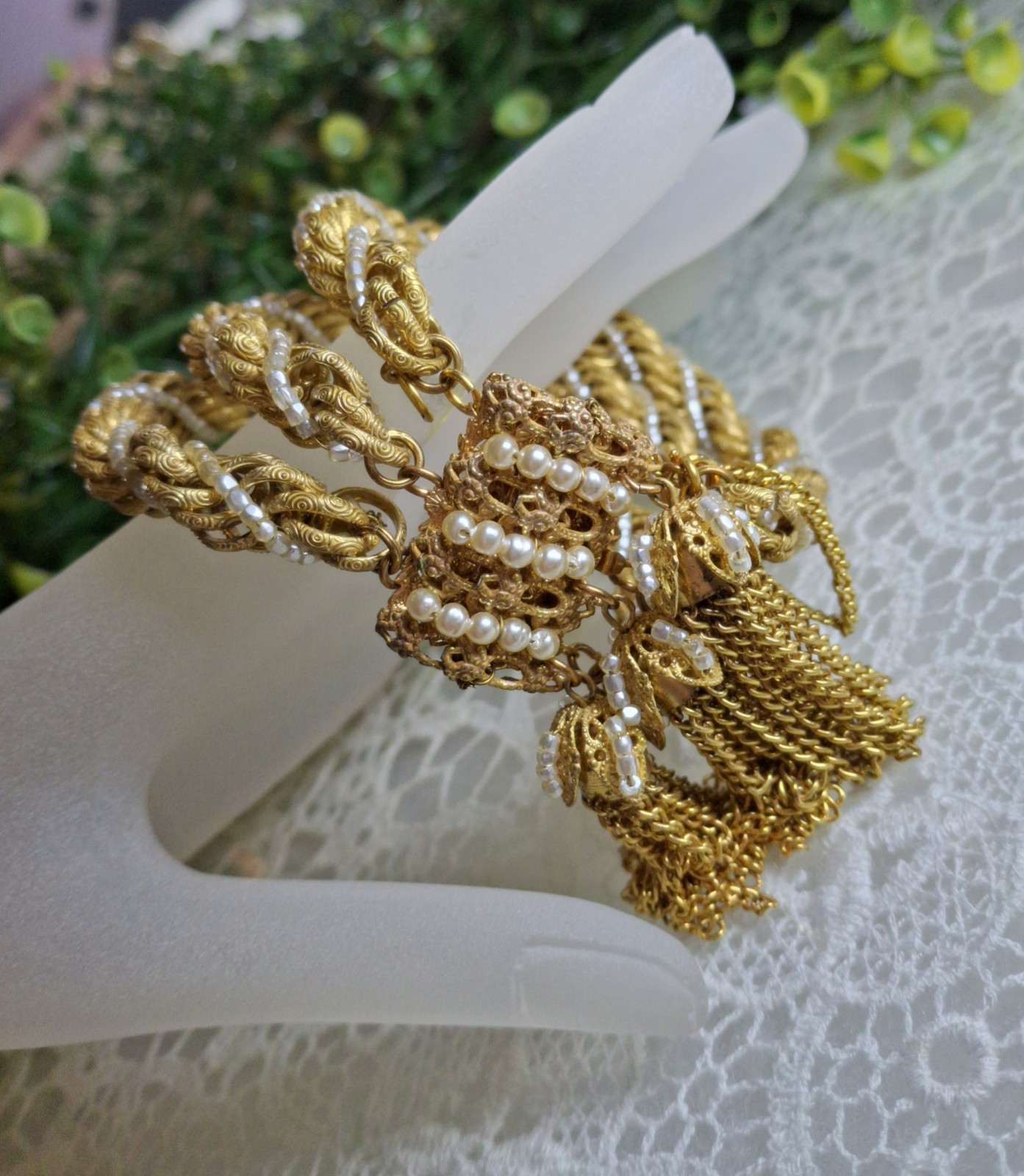 Frilly Miriam Haskell Russian Gold Chain & Seed Pearl Tassel Bracelet