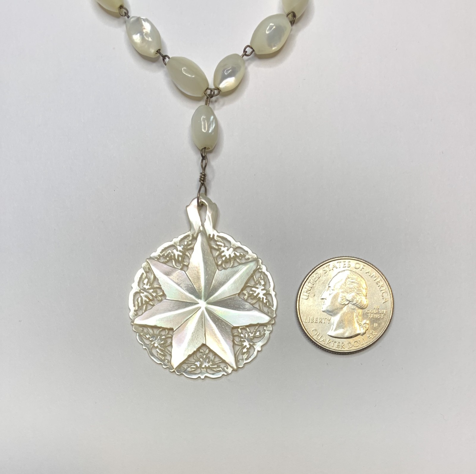 Vintage Mother of Pearl Bead Necklace with Star of Bethlehem MOP Pendant 23”