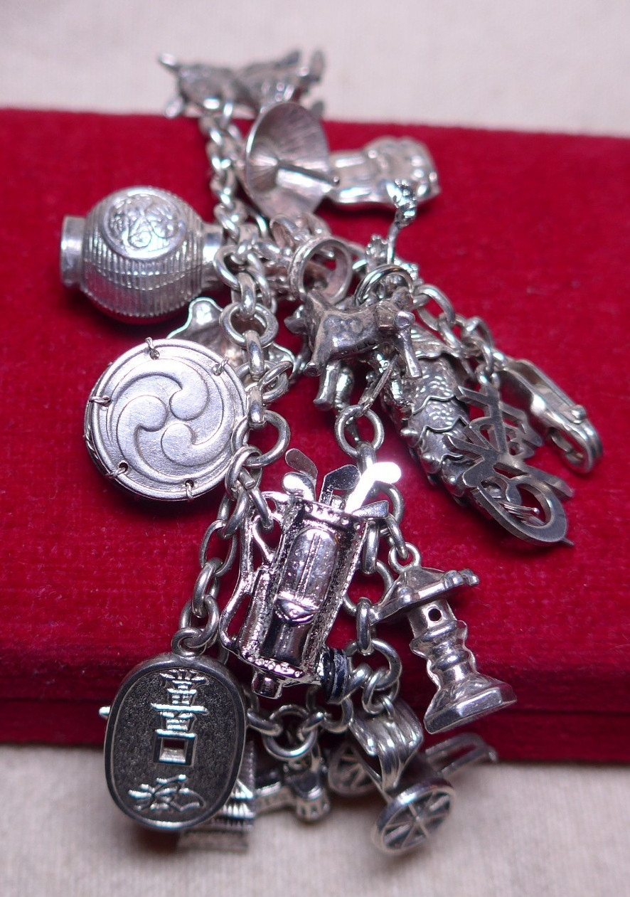 vtg LOADED Asian Theme Charm Bracelet Sterling Silver 925 Charms 6.5″
