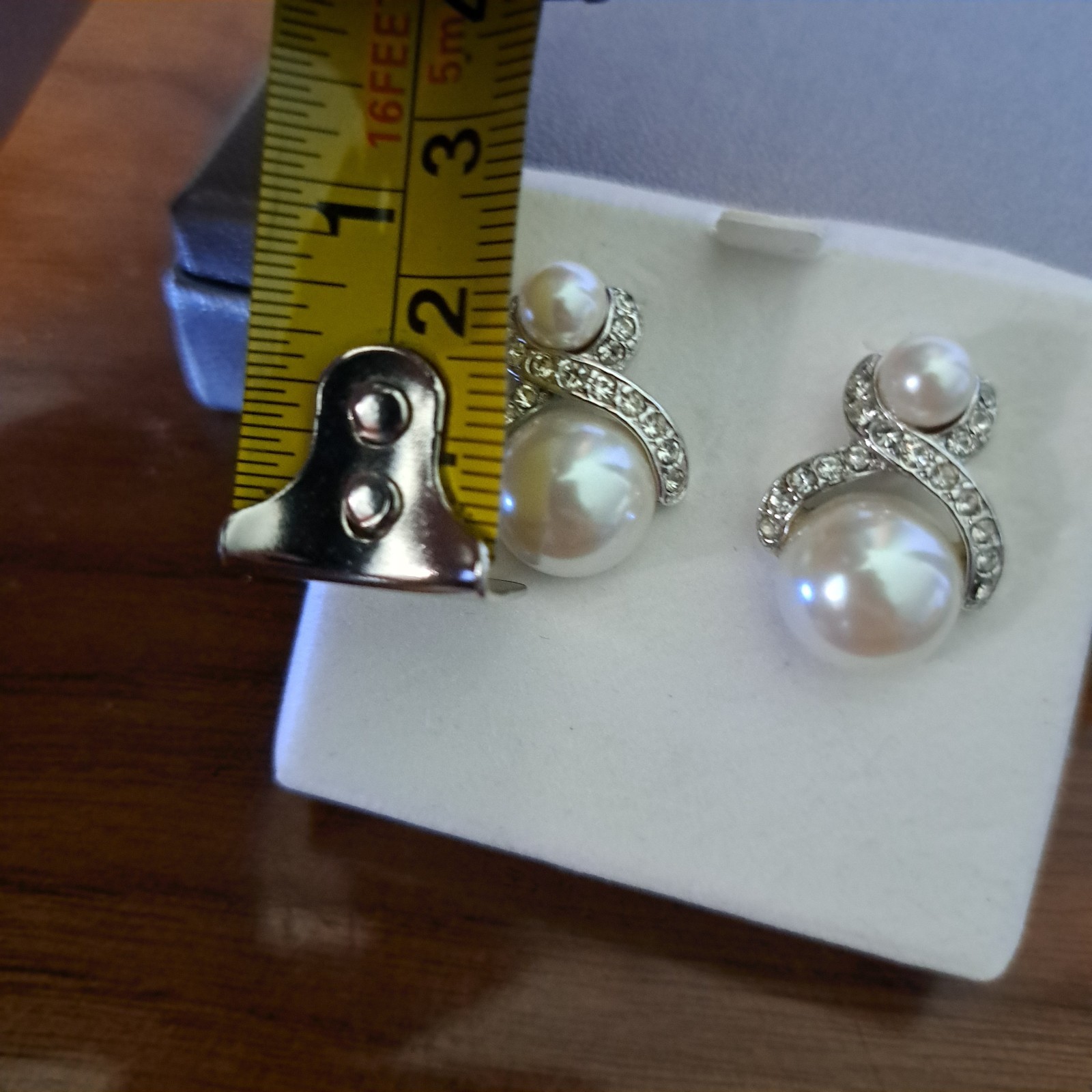 White Faux Two Pearl Stud Earrings Silver Tone With Little Rhinestons Pierced