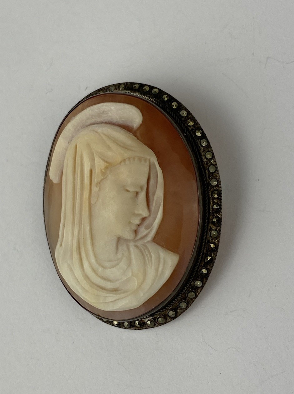 Antique Madonna Cameo Pendant Brooch 900 Silver Marcasite Shell Portrait Signed