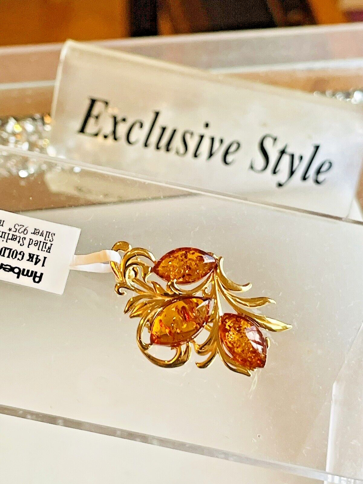 Genuine 14K Gold Filled Gilded Baltic Honey Cognac Amber Color Pin Brooch 925*