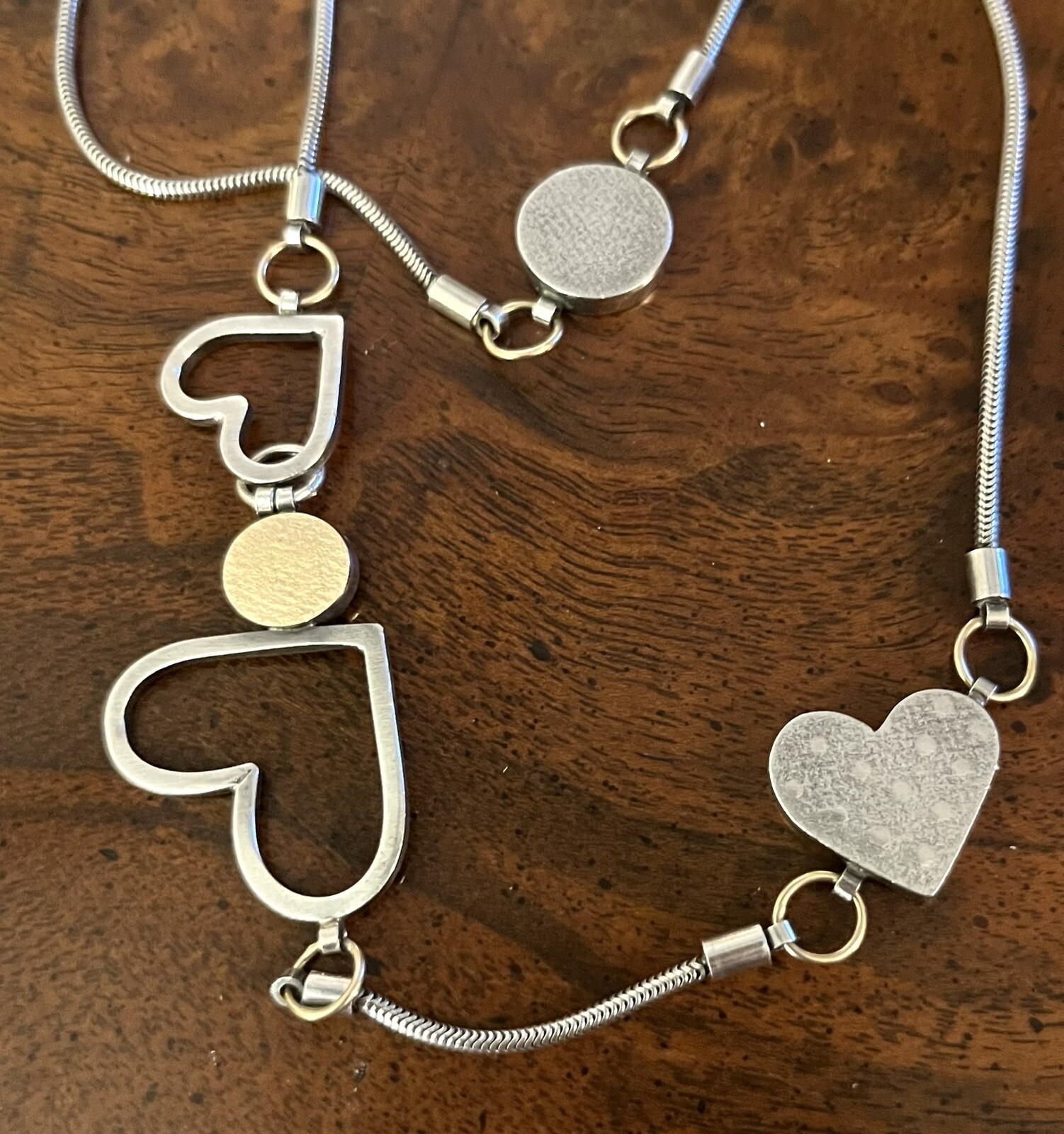 Vtg Estate Mid Century Modernist Textured Sterling Gold Hearts Station Necklace