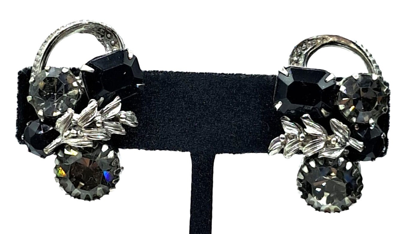 Vintage Rhinestone Brooch Earrings Set Black Clear Rhinestones Jewelry
