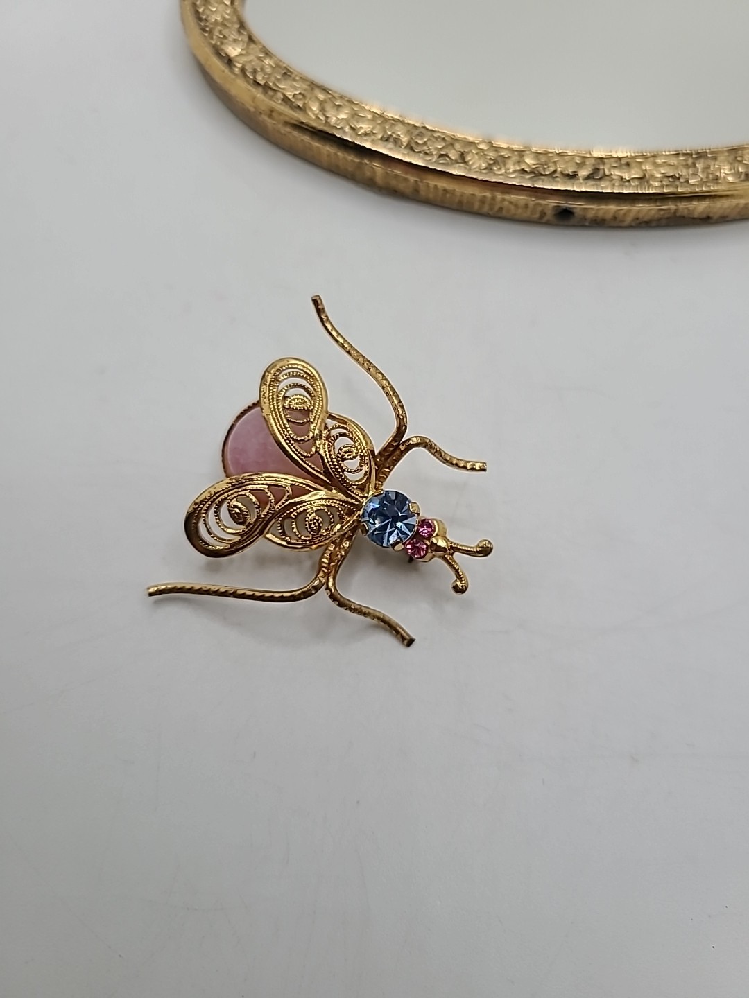 Vintage Goldtone Filagree Rhinestone Pink Blue Winged Bug Insect Brooch