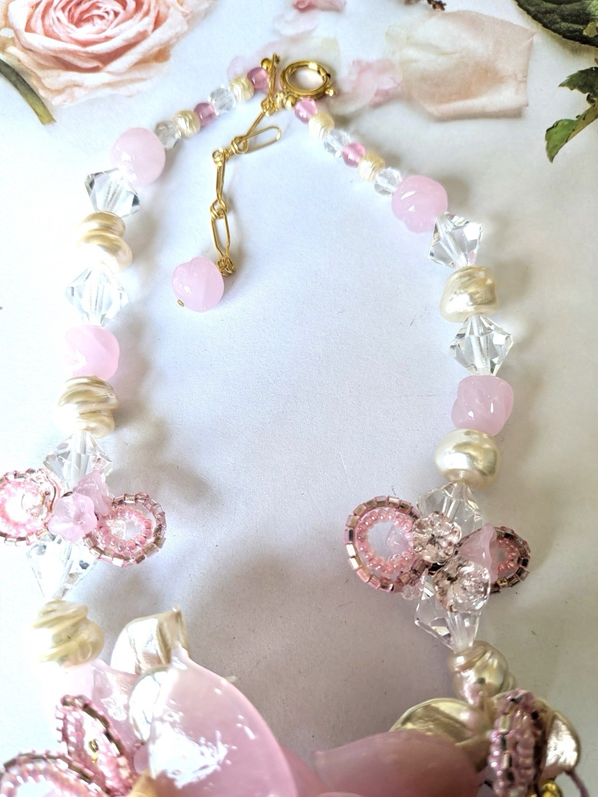 Vintage Venetian Milky Pink Flower Bead Art Glass Necklace 15″ + 3″ Extender