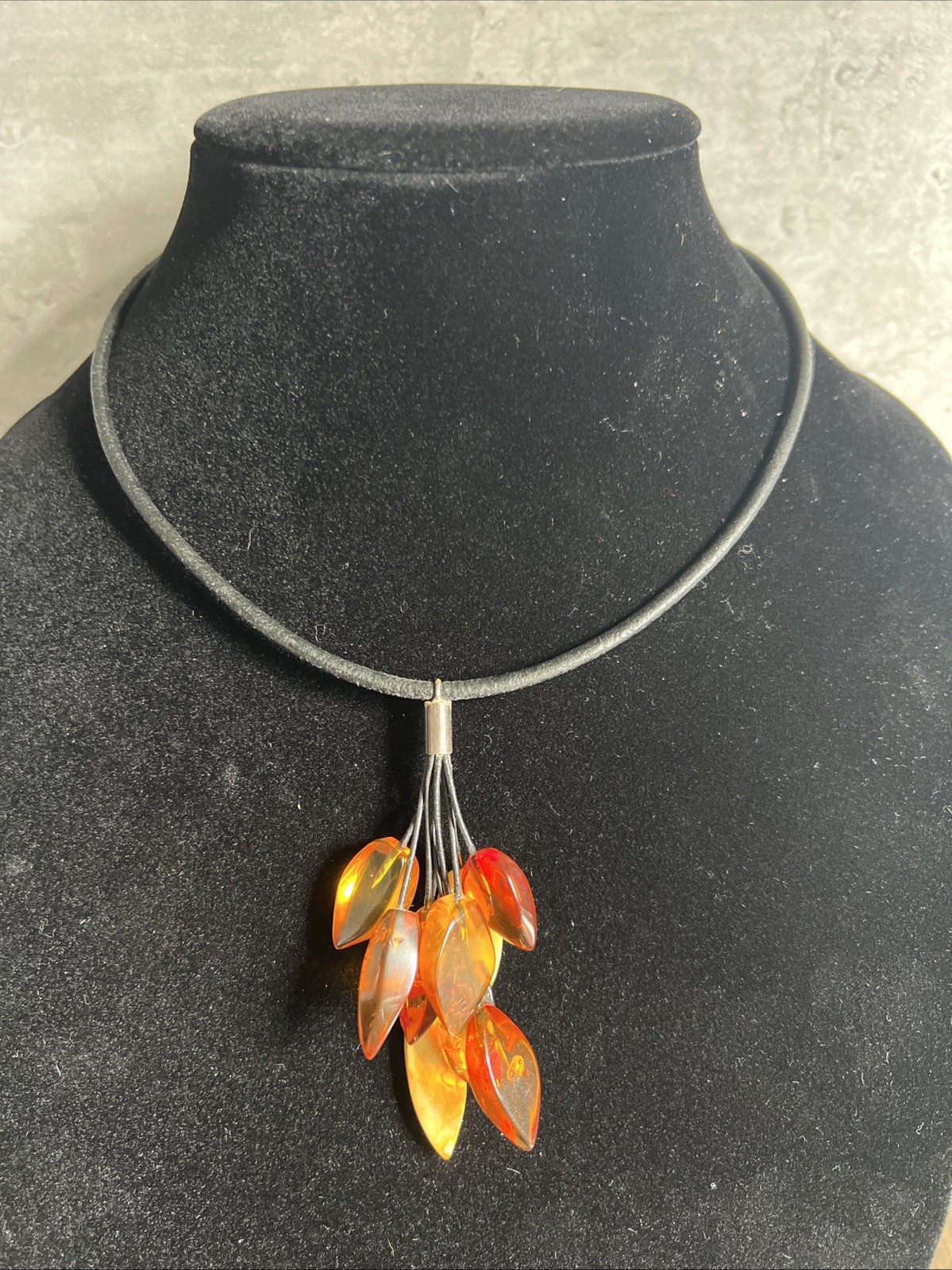 Vintage Amber Black Leather Cord Necklace Sterling Silver Clasp 16 Inch