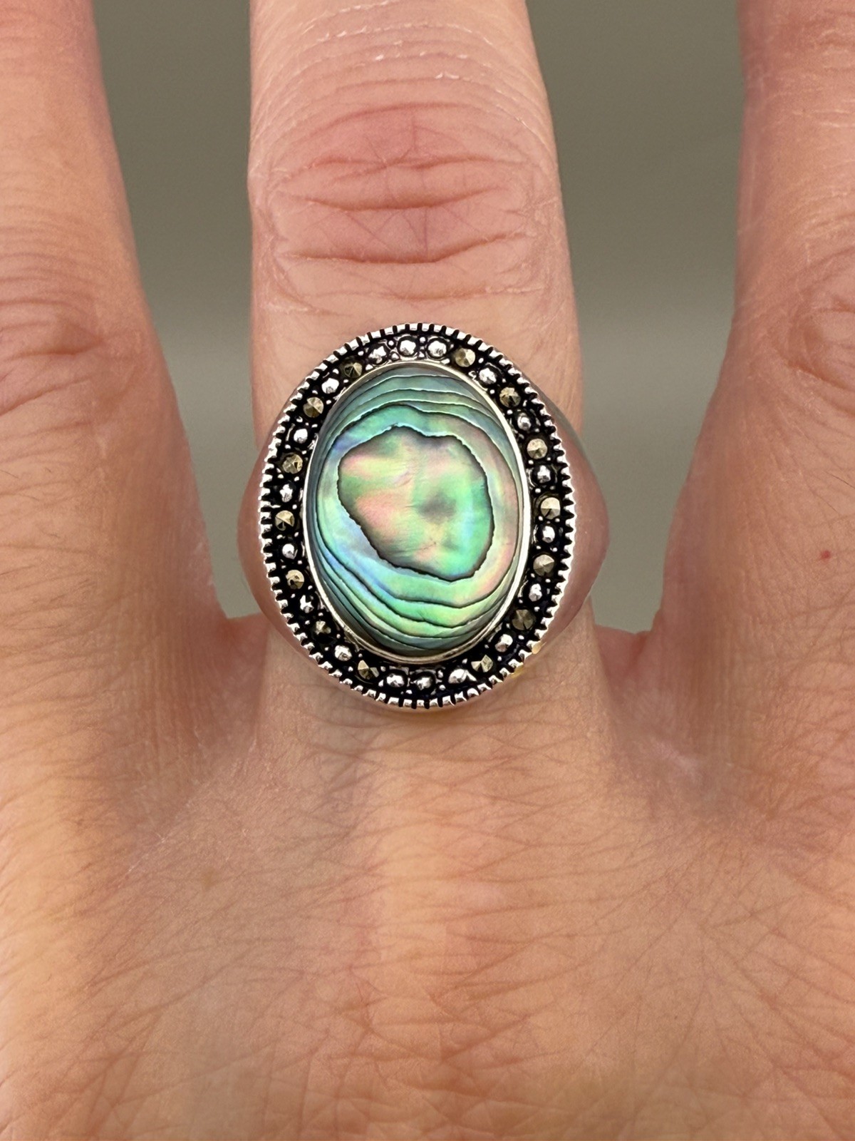 Sterling Abalone Marcasite Ring Size 7 Oval Halo Signed CW Charles Winston