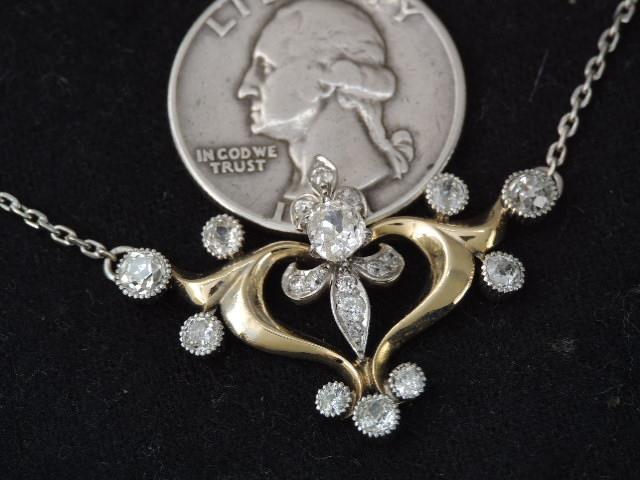 GORGEOUS ART NOUVEAU 18K / 17K GOLD & PLATINUM EUROPEAN CUT DIAMOND NECKLACE