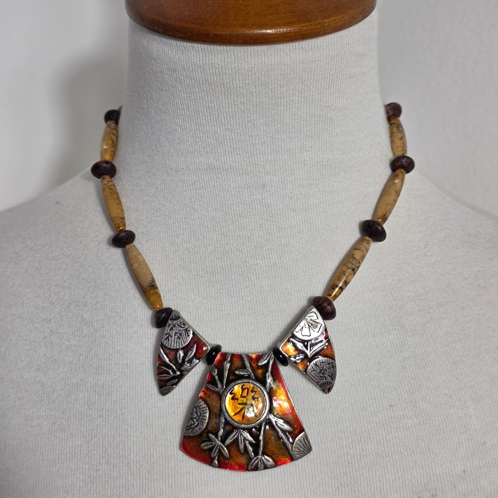 Chico’s Asian Inspired Necklace Three Metal Pendants with Bamboo & Asian Writing