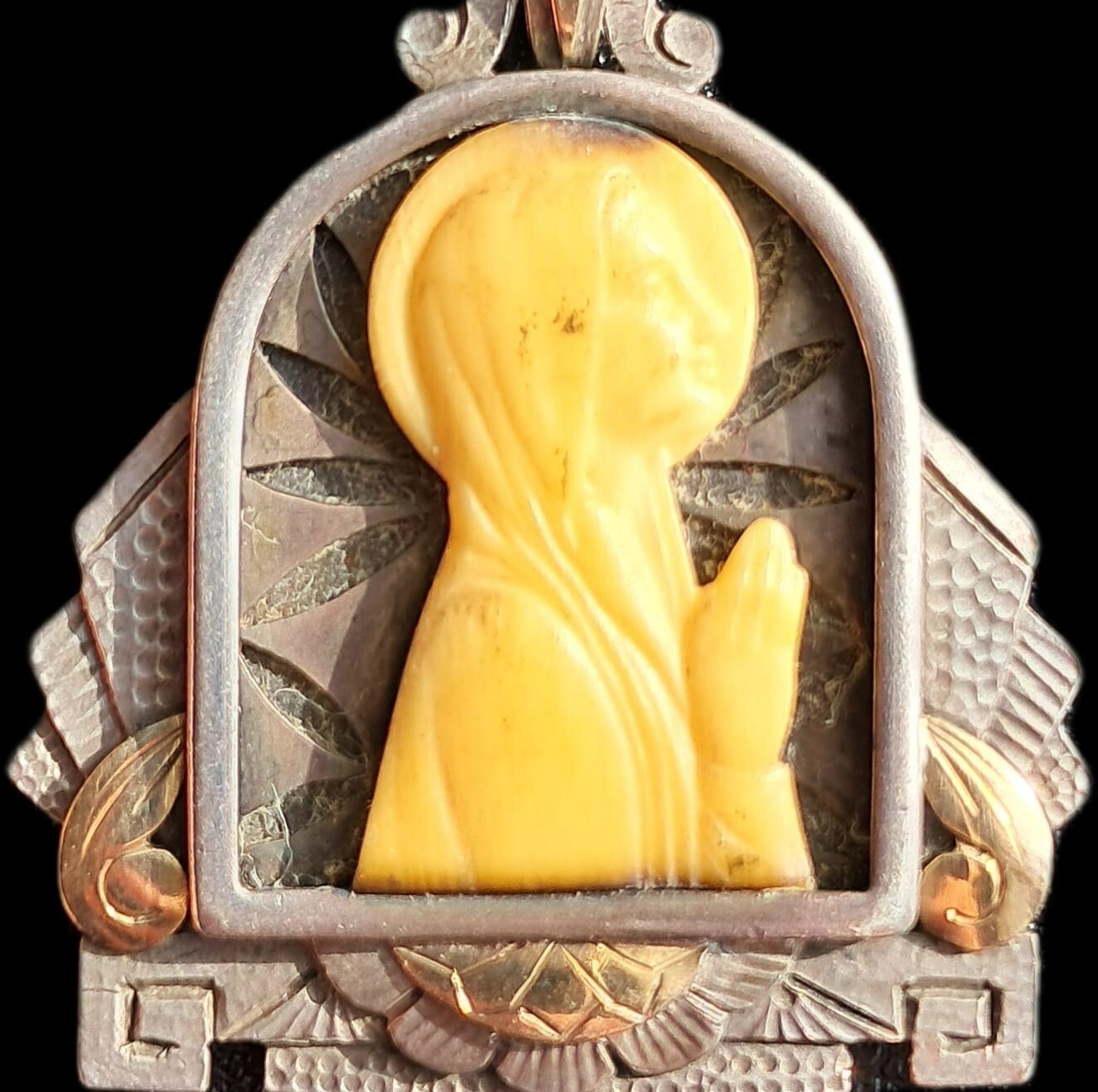 Fine Antique Art Deco Silver & Gold Madonna in Sorrow Virgin Mary Pendant C 1930