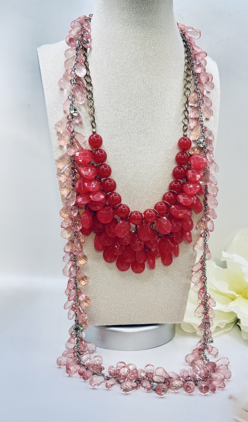 Beautiful Pink Lot 42″ & 20″ Crystal Necklaces Stunning Earrings + Gorgeous Ring