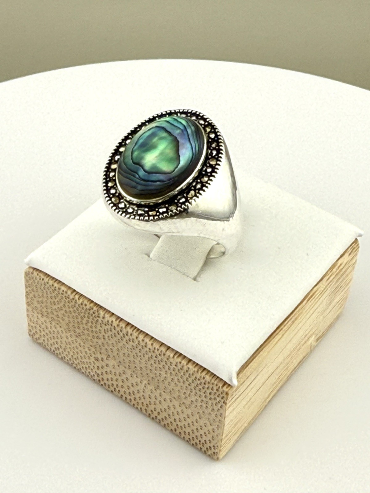 Sterling Abalone Marcasite Ring Size 7 Oval Halo Signed CW Charles Winston