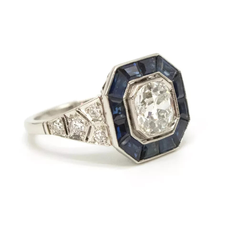 3.0Ct Art Deco Style Lab-Created Diamond Sapphire Halo Bezel Set Ring 925 Silver