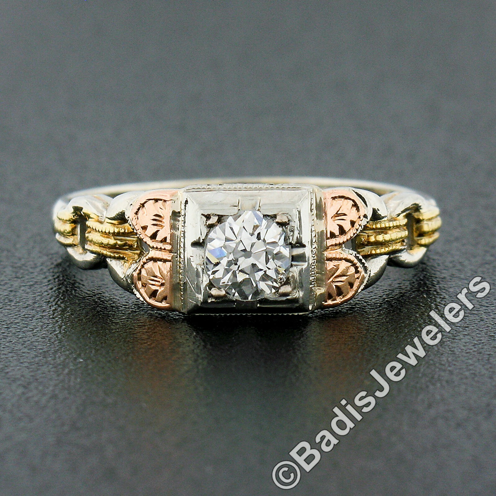 Antique 18k & 14k Gold .34ct Old European Diamond Detailed Sides Engagement Ring