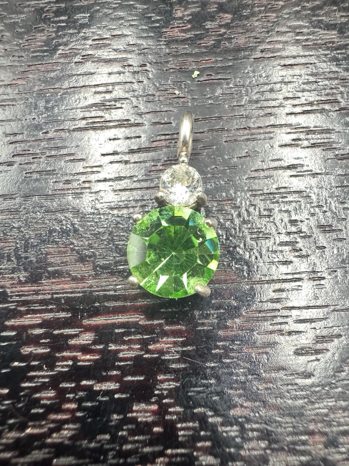 Vintage 925 Sterling Silver Green Glass CZ Dangle Pendant Round Stone