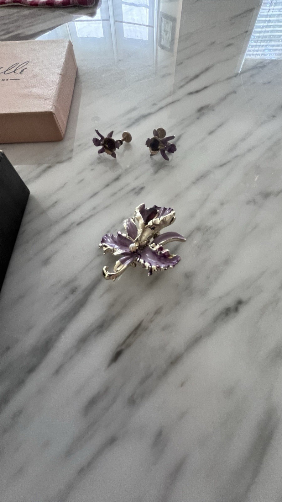 Vintage Purple Enamel Orchid Brooch & Screw Back Earrings Set w/ Box