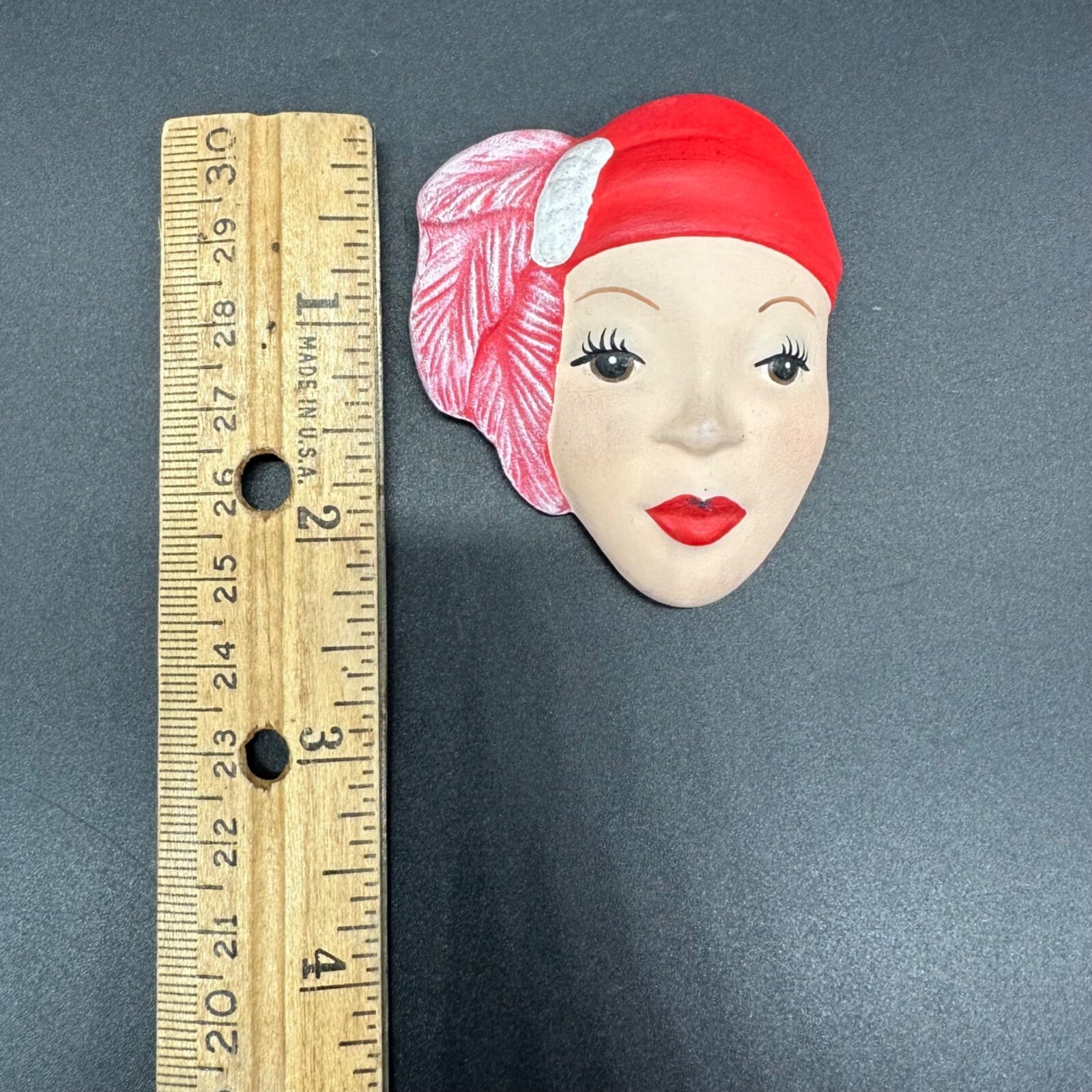 Vintage Brooch Pin Hand Painted Ceramic Womans Face Red Hat Retro Jewelry