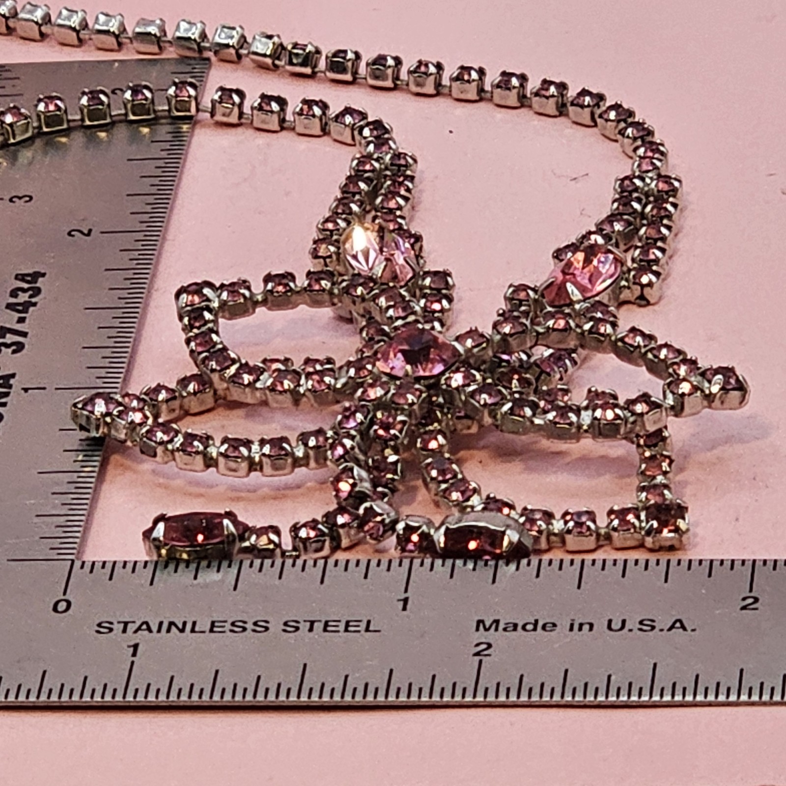 Vintage Pink Rhinestone Necklace Bow Statement Drop Bib Silvertone 1980s Prom