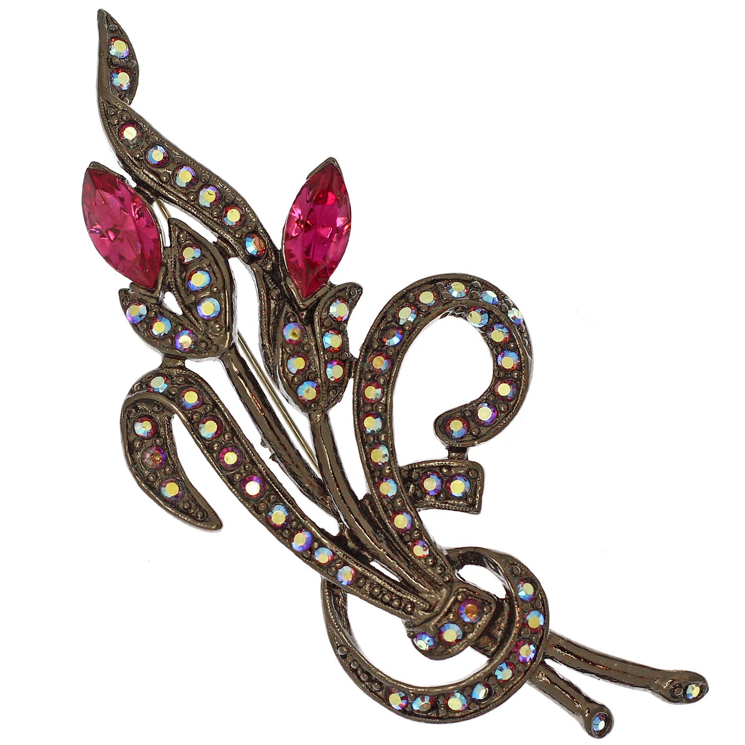 1960s Vintage Rhinestone Brooch Pin Pink + Aurora Borealis Gunmetal Finish Tara