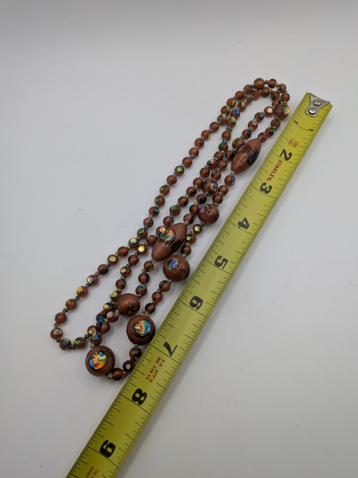Art Deco Antique Czech Glass Rainbow Foil Peacock Eye Bead Necklace Brown Read