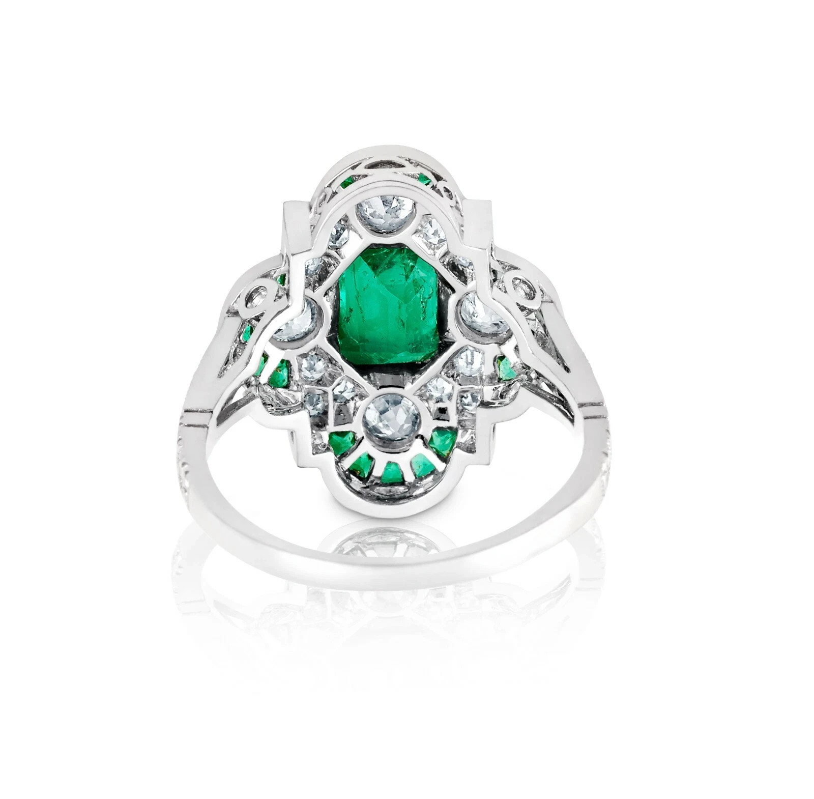 Art Deco Style Emerald and Lab Created Diamond Engagement 14K White Gold FN Ring