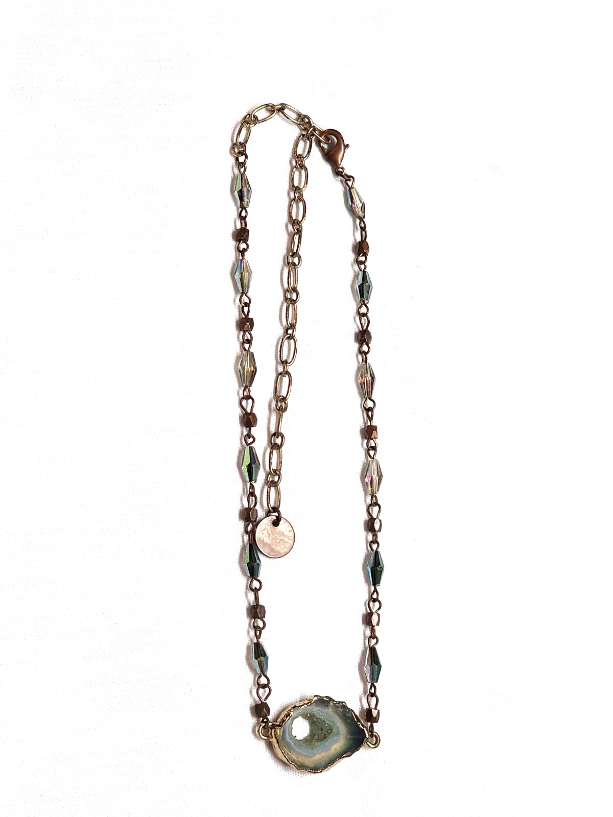 Vintage Sweet Lola Brass Blue Green Beaded Geode Pendant Necklace 17″ Choker