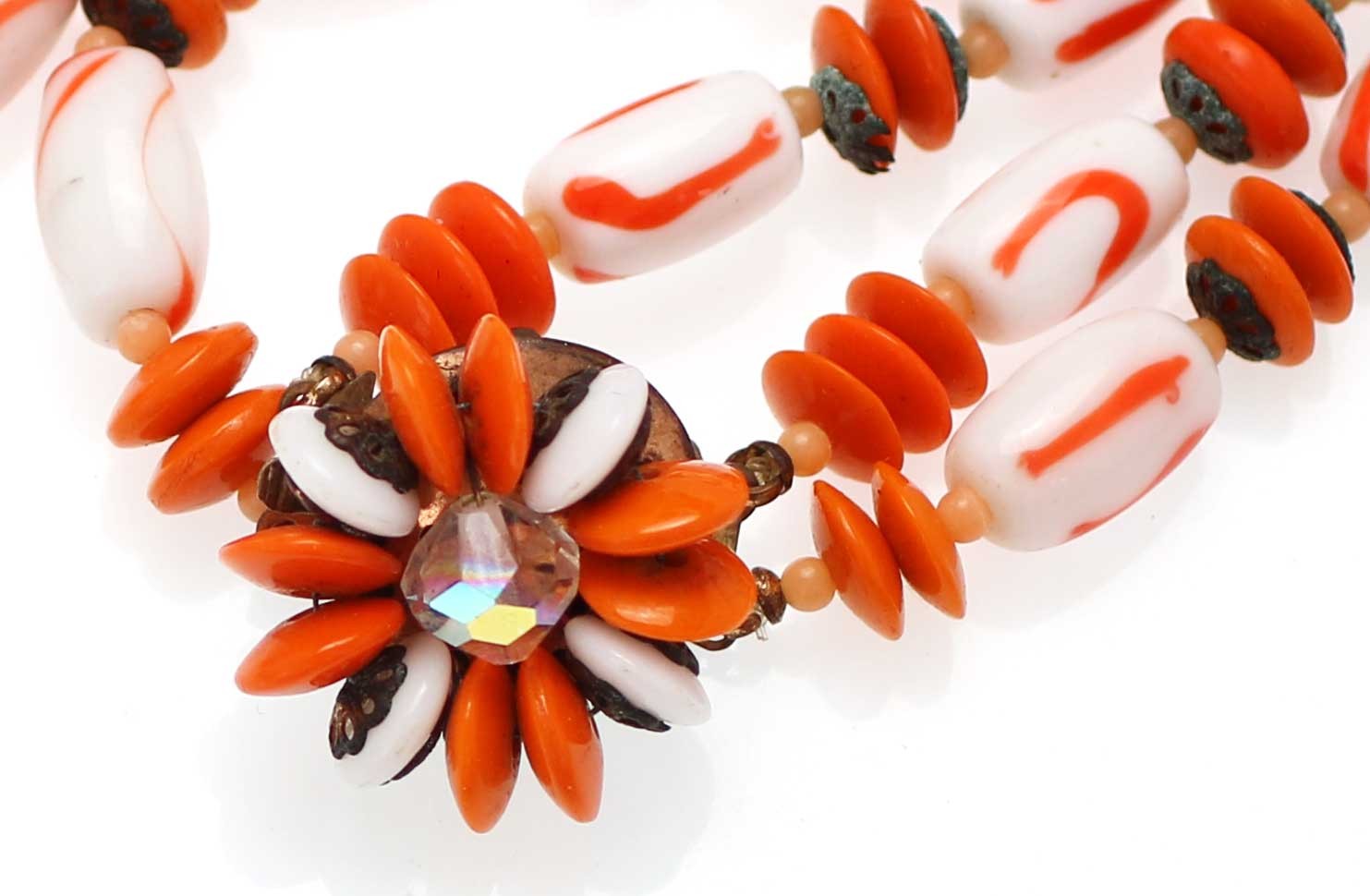1950s Vintage Layered Necklace Orange White Stripe Glass Beads Crystal Halloween