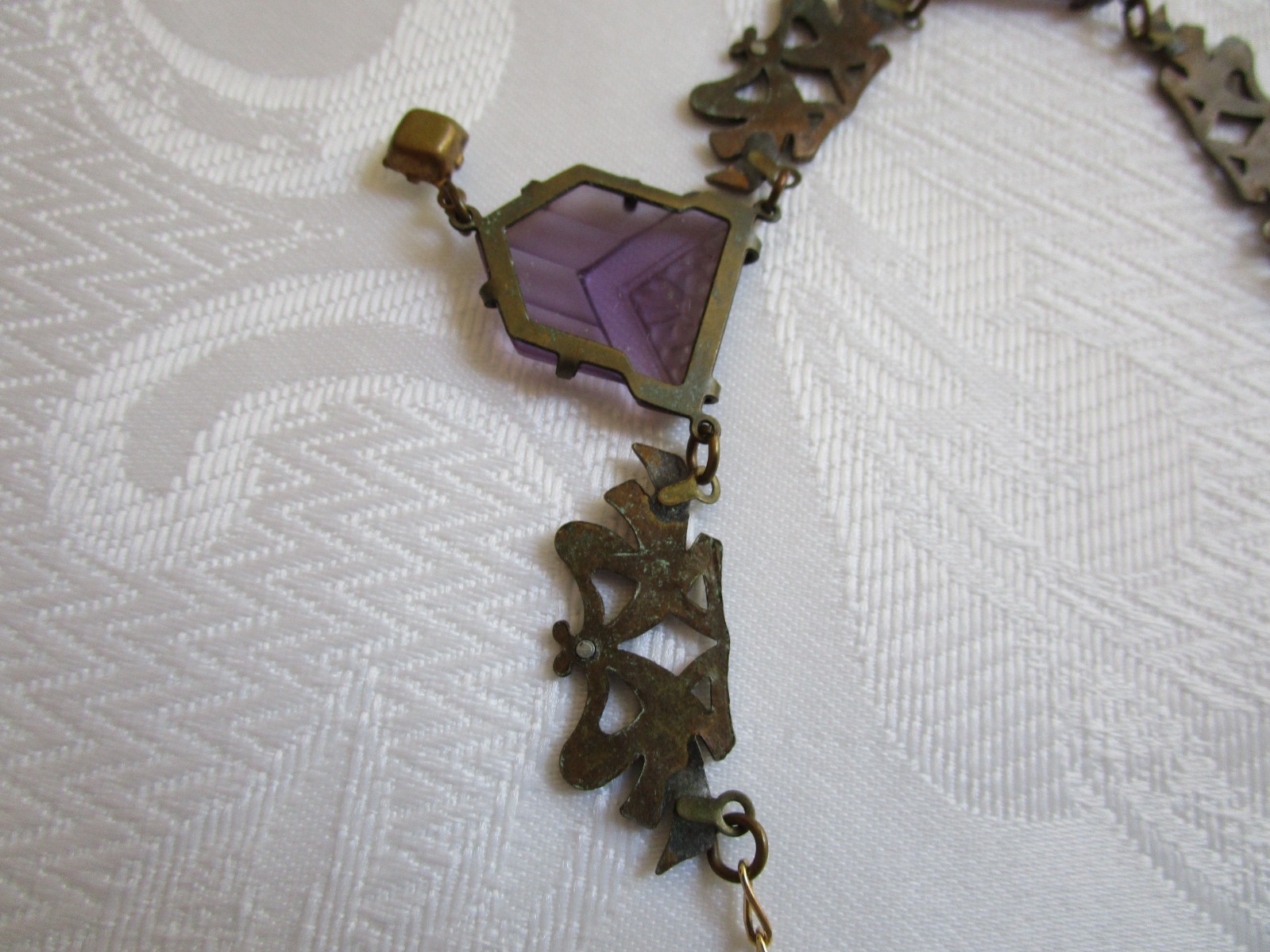Vintage Glass Works Studio Purple Glass Clear Rhinestone Necklace 19” L Rare