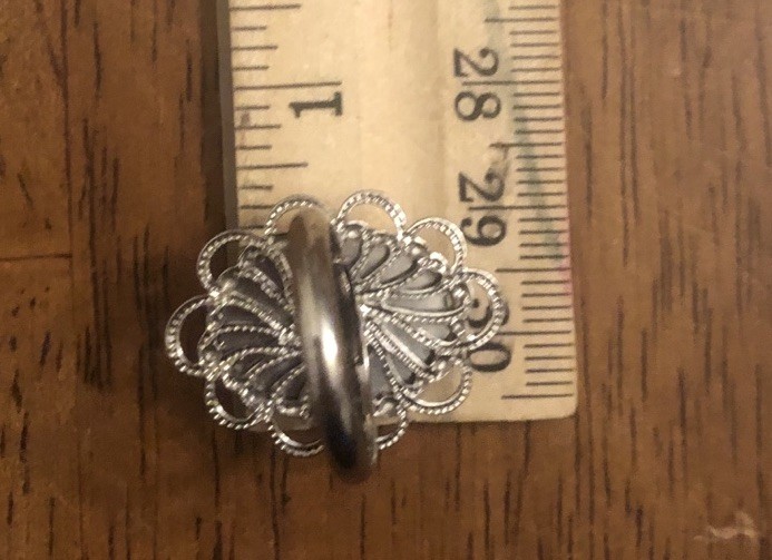 Silver Tone White Oval Acrylic Stone W/Flowers Accent Filigree Design Adjustable