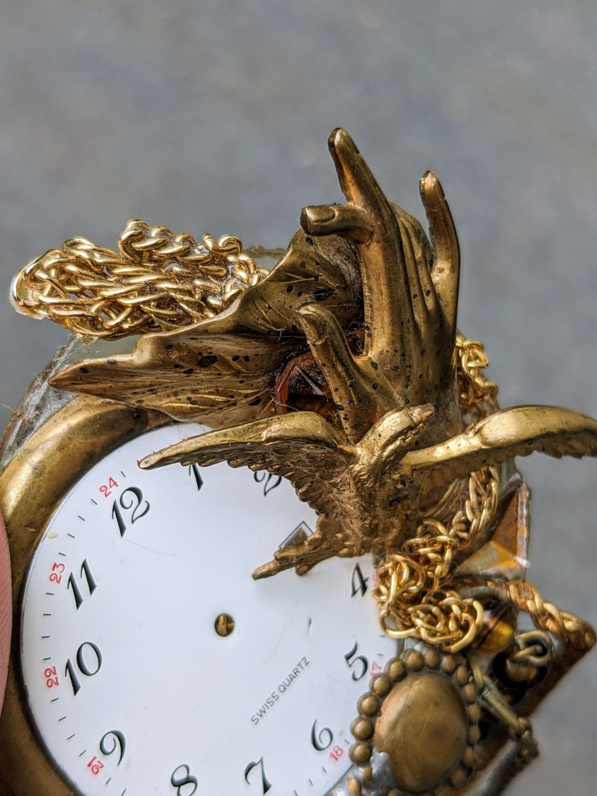 Steampunk John Wind MAXIMAL ART Brooch — Watch Face, Eagle, Hand, Leaf