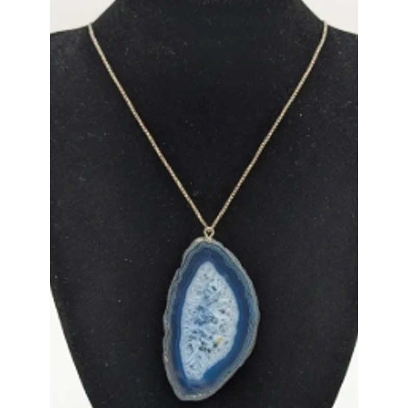 Blue Geode Slice Pendant on 18 inch 925 Sterling Silver chain Made In Italy