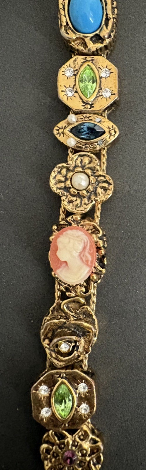 Vintage Victorian Revival charm slide bracelet Cameo Pearl 7”