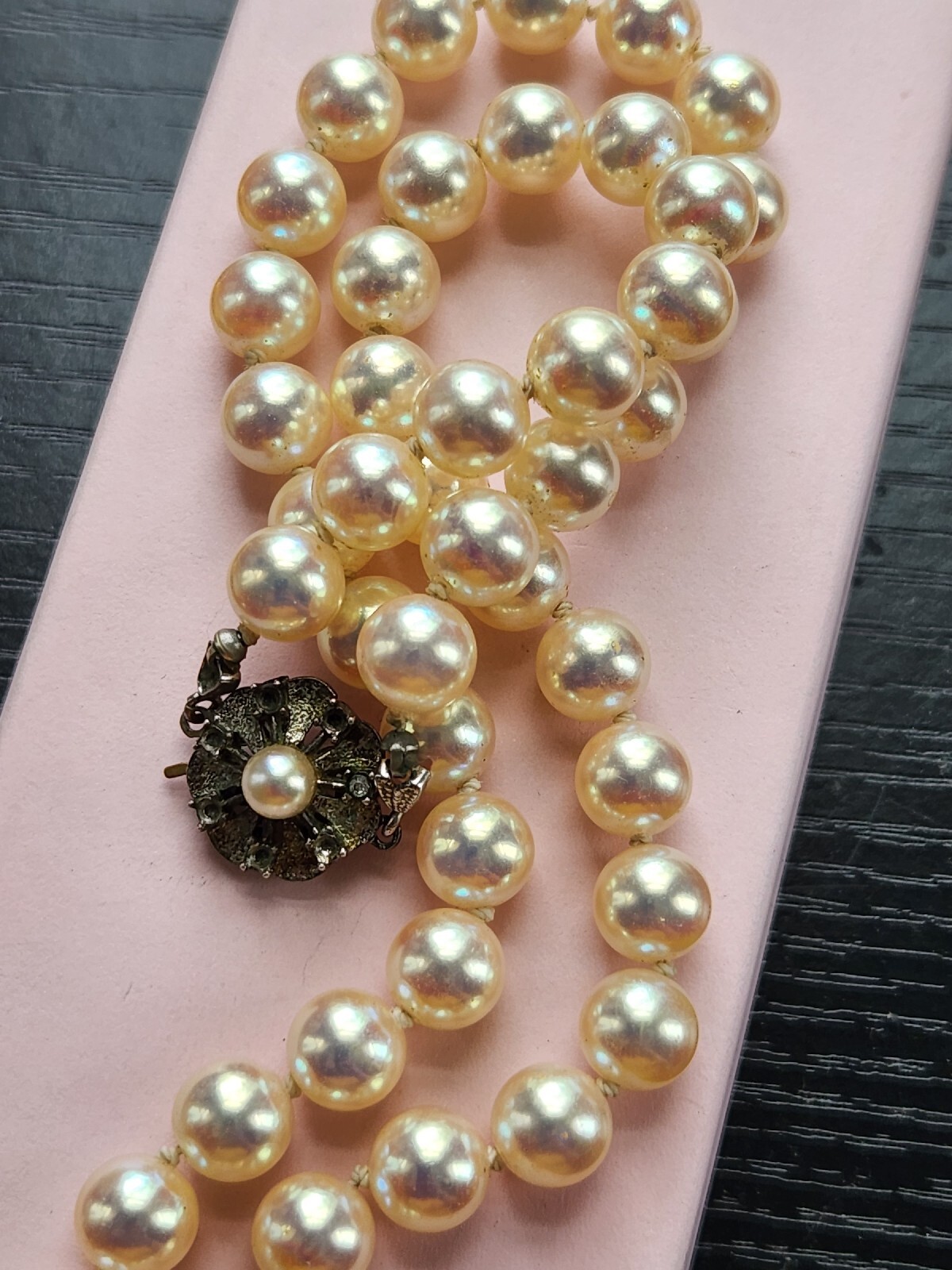 Heavy Hand-Knotted Faux Pearl Necklace 19″ Sheen 8mm Hook Clasp Marked 835 VTG