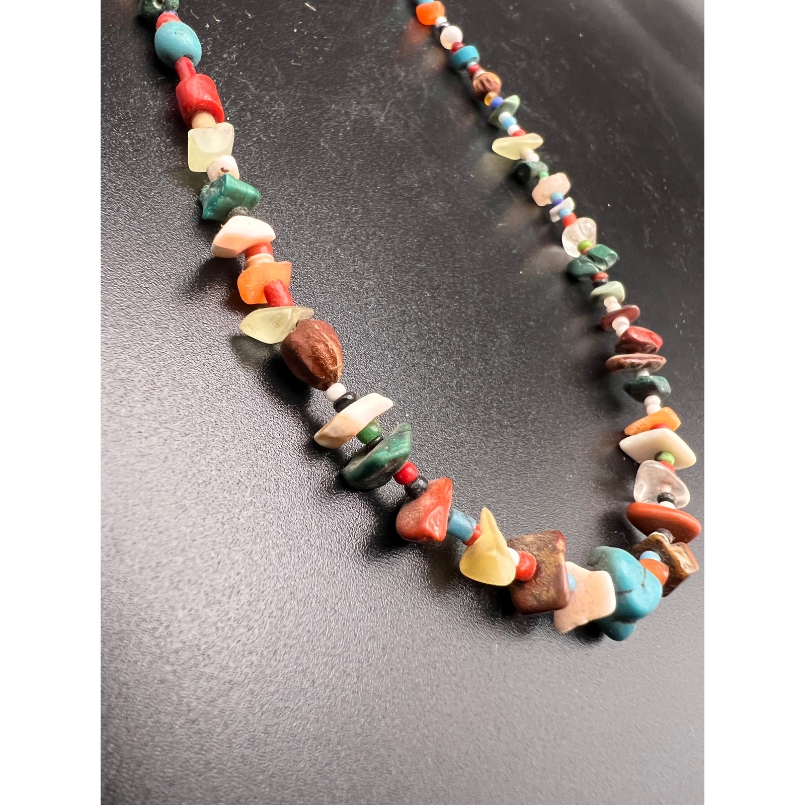 Vintage 70s beaded semi precious stone glass shell nugget necklace boho indie