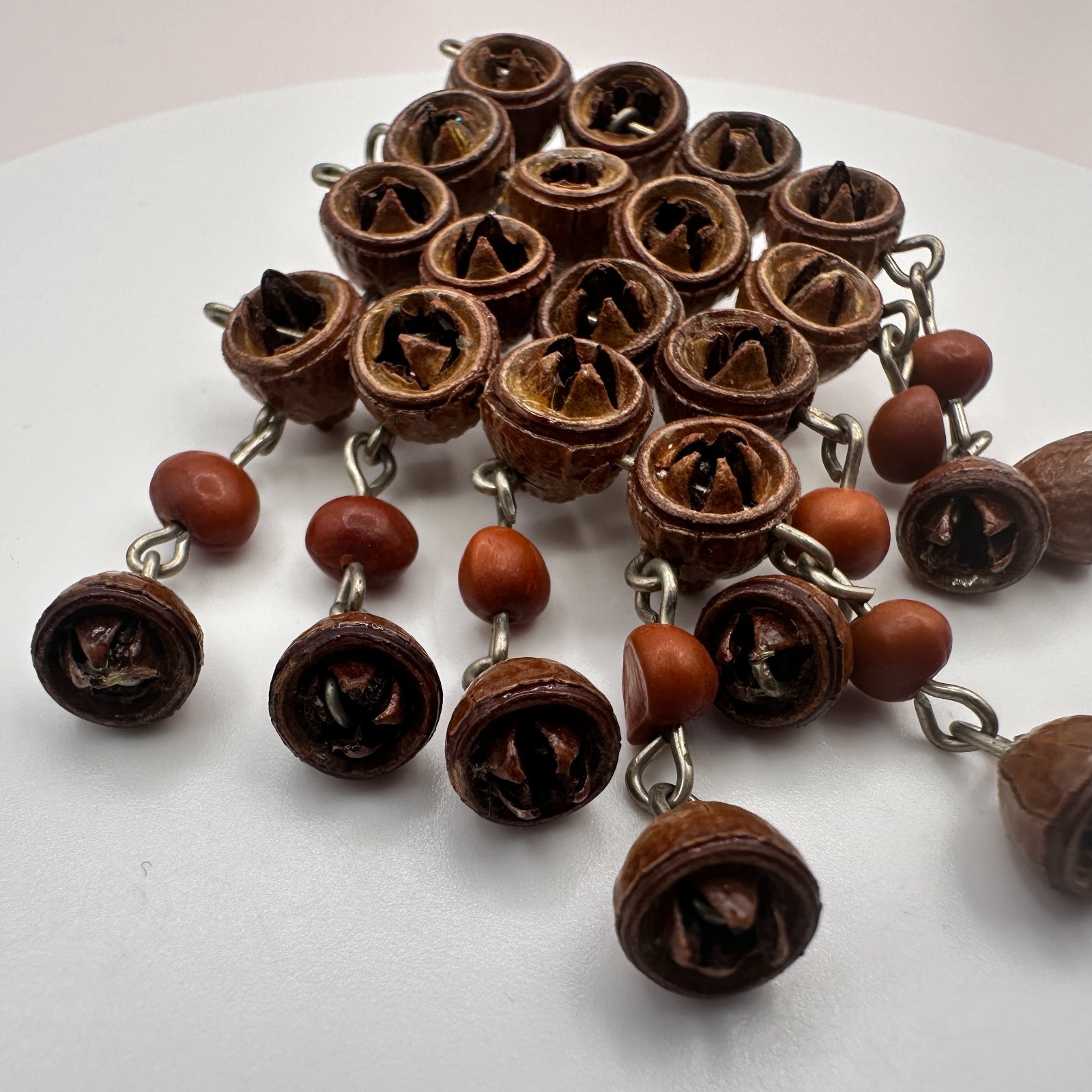 Vintage 90s Brown Wood Nut Seed Dangle Brooch Natural Boho Statement Jewelry