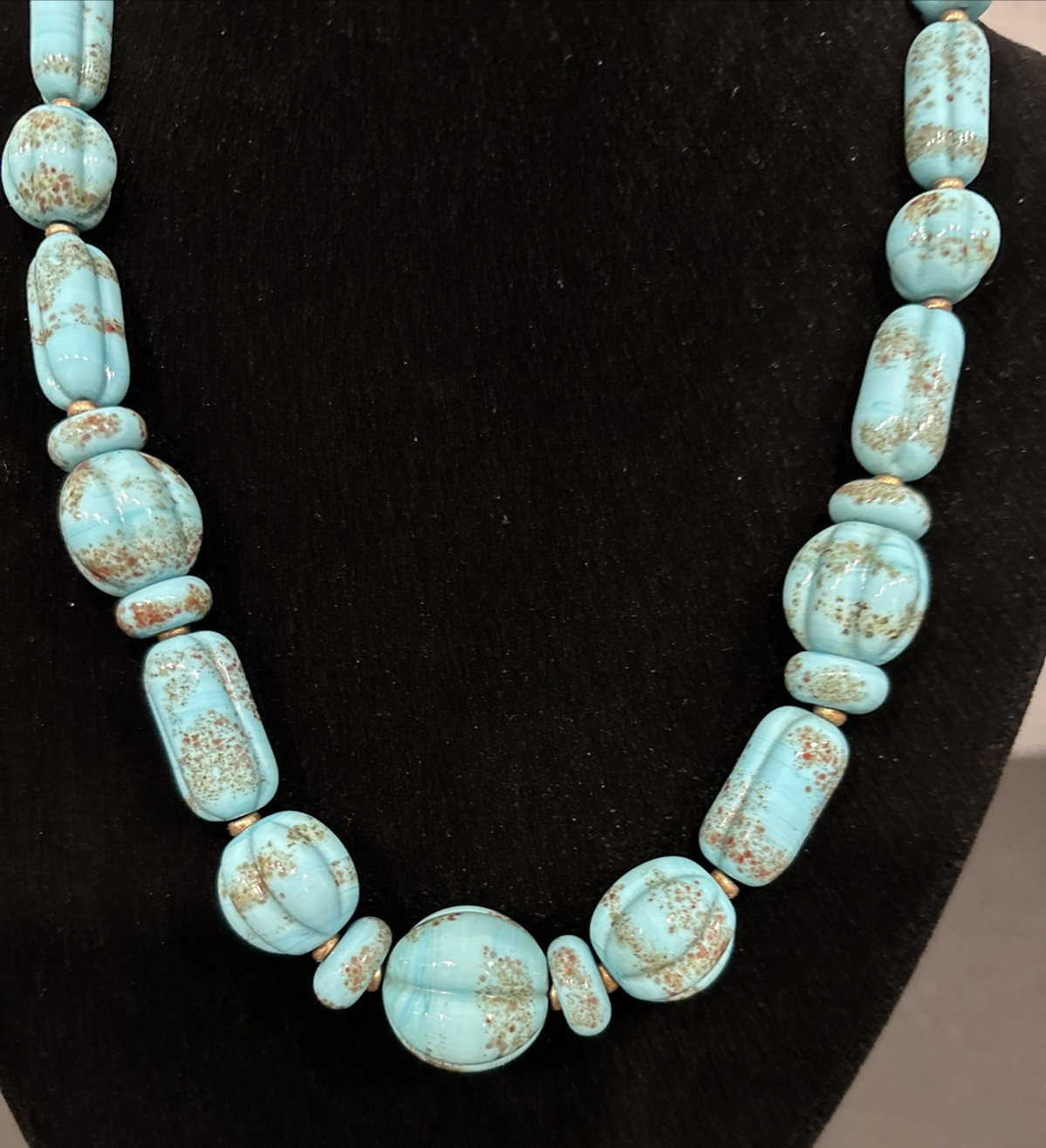 Antique Faux Turquoise Slag Glass Bead Beaded 16 1/2″ Necklace Textured Beads