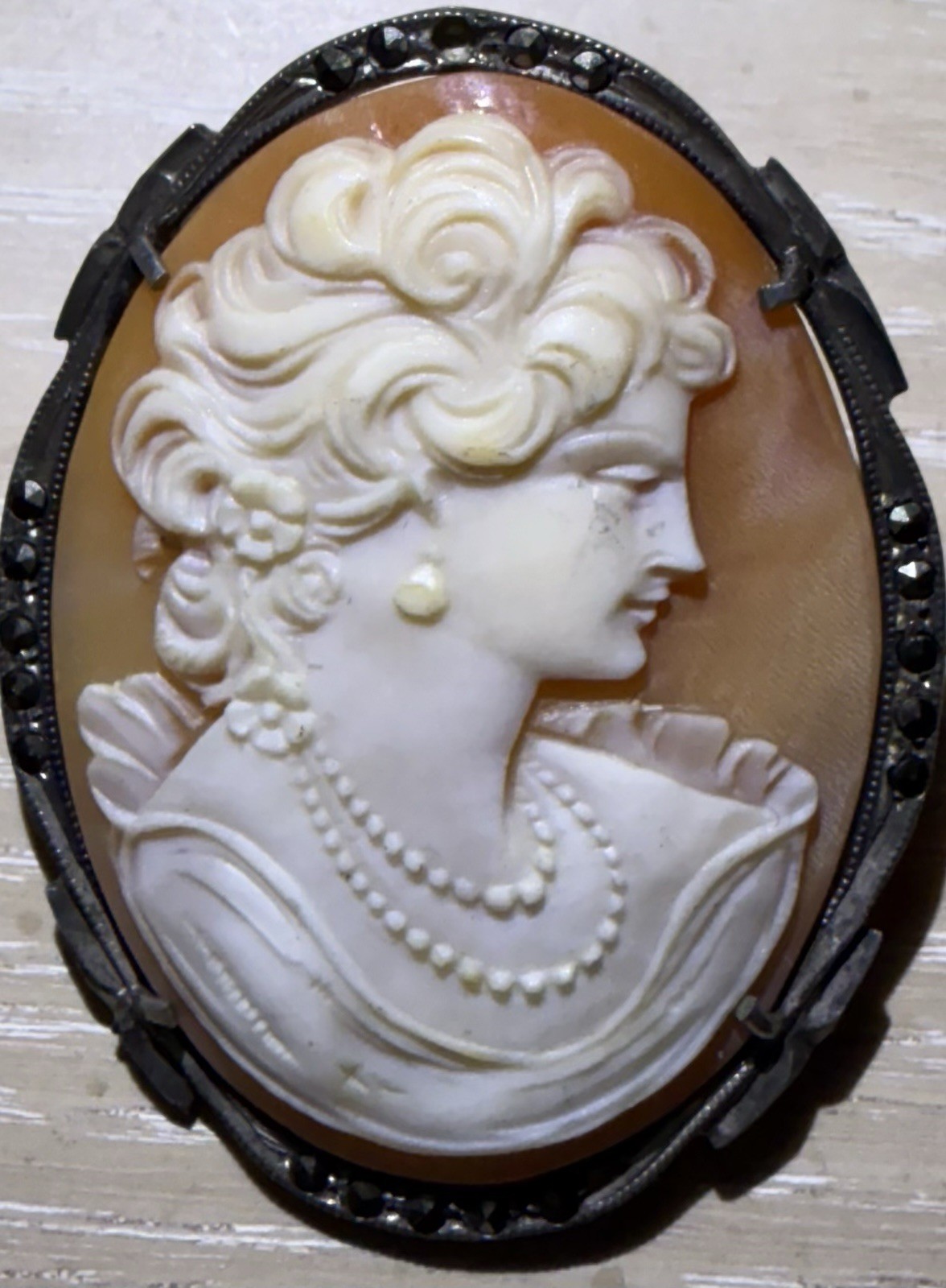 Antique Victorian Oval Shell Cameo Brooch Pendant, 800 Silver Frame, Brown/White