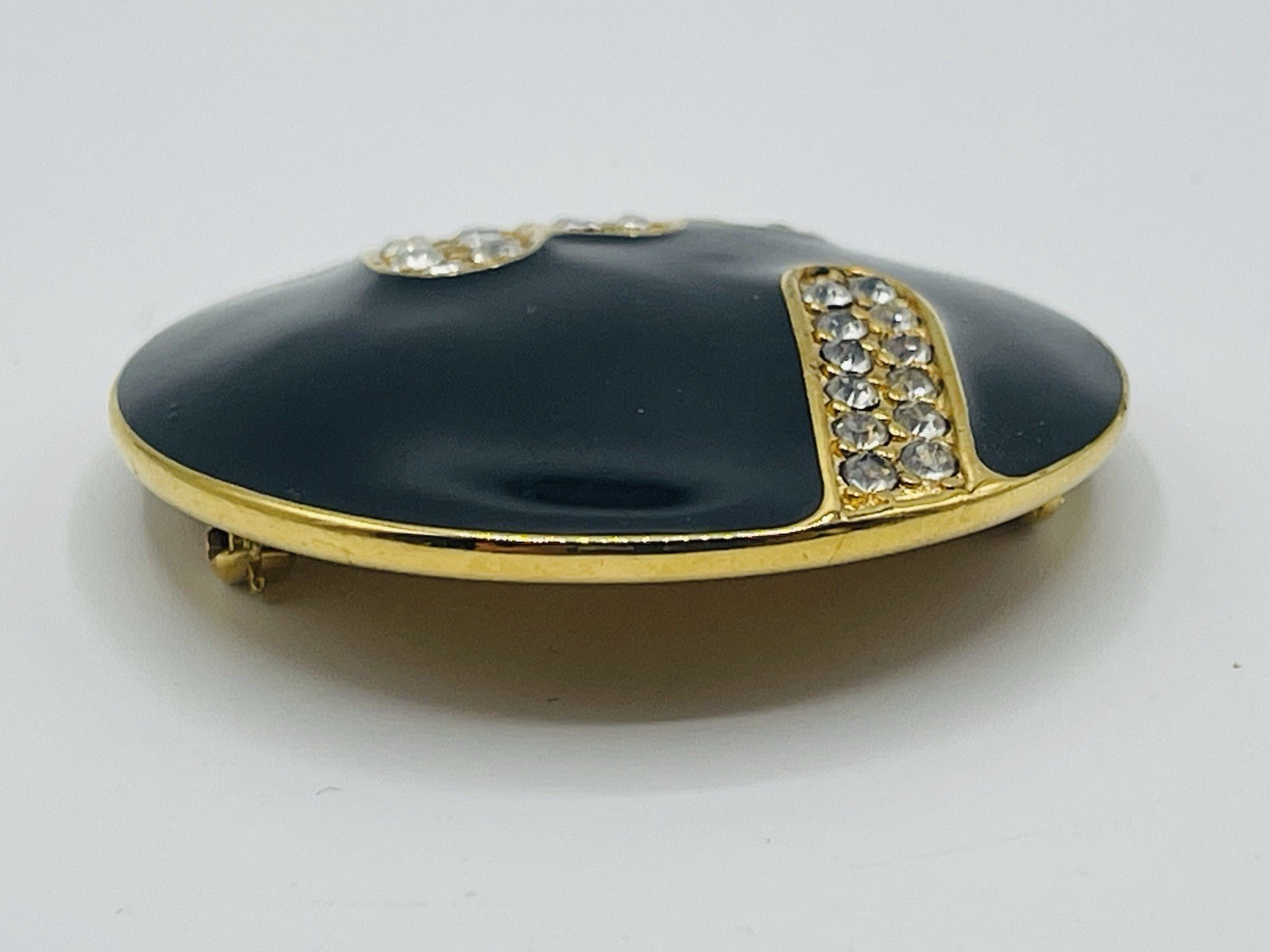 Vintage MONET Black Enamel Rhinestones Goldtone MCM Brooch And Earrings Set