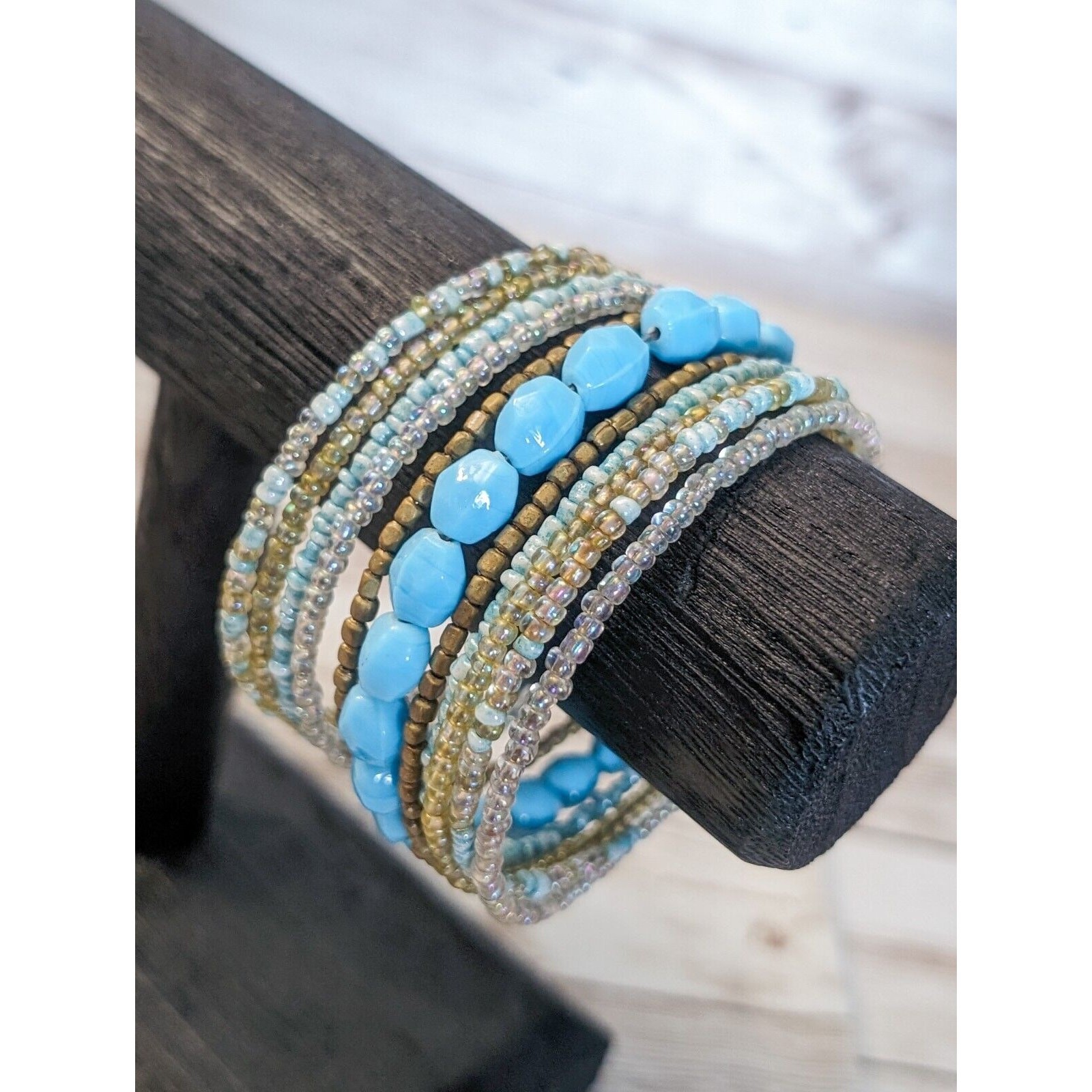 Vintage Wrap Bracelet / Bangle – Beaded Light Blue & Bronze Tones