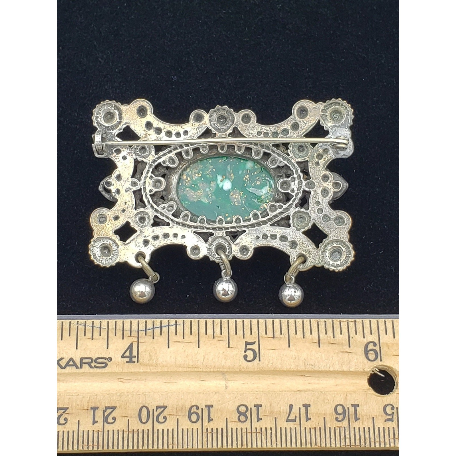 Vintage Cannetille Brooch Pin Silver-tone 2″ Large Victorian Green Pin so-13