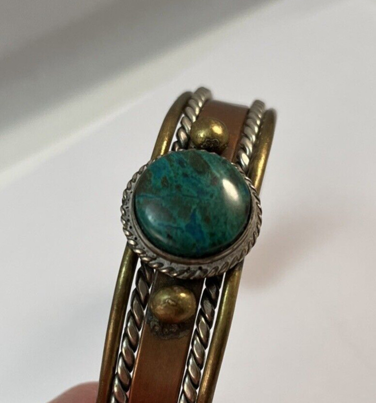Copper Brass Silver Mixed Metals Green Malachite Cuff Bracelet Rustic READ