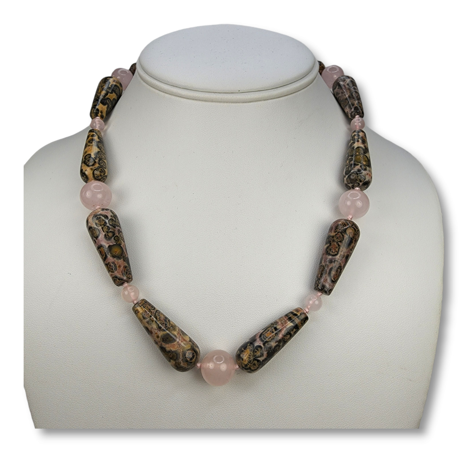Vintage Rose Quartz and Pink Ocean Jasper Necklace with 14KT Yellow Gold Clasp