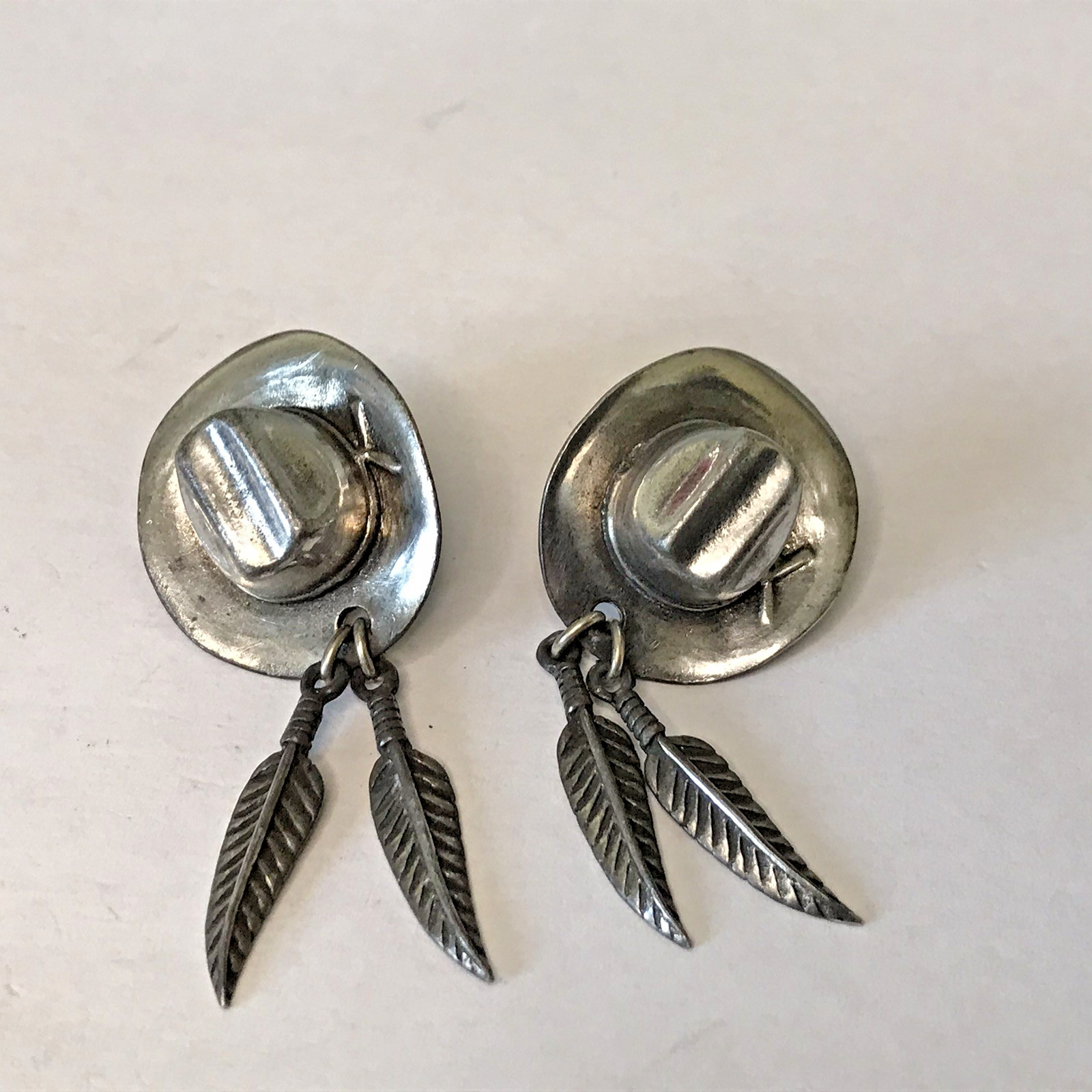 Vintage South Western 1992 Cowboy Hat with Feather Pewter Stud Earrings
