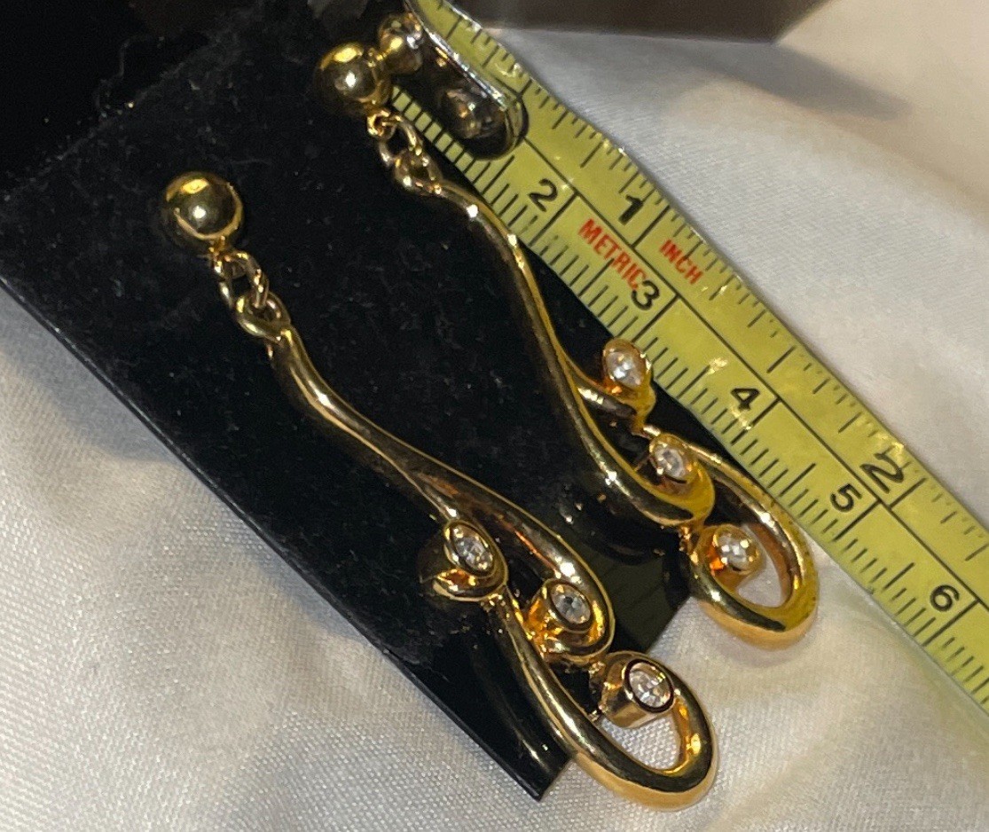 Gold-Tone Scroll Rhinestone Dangle Drop Post Earrings 2”