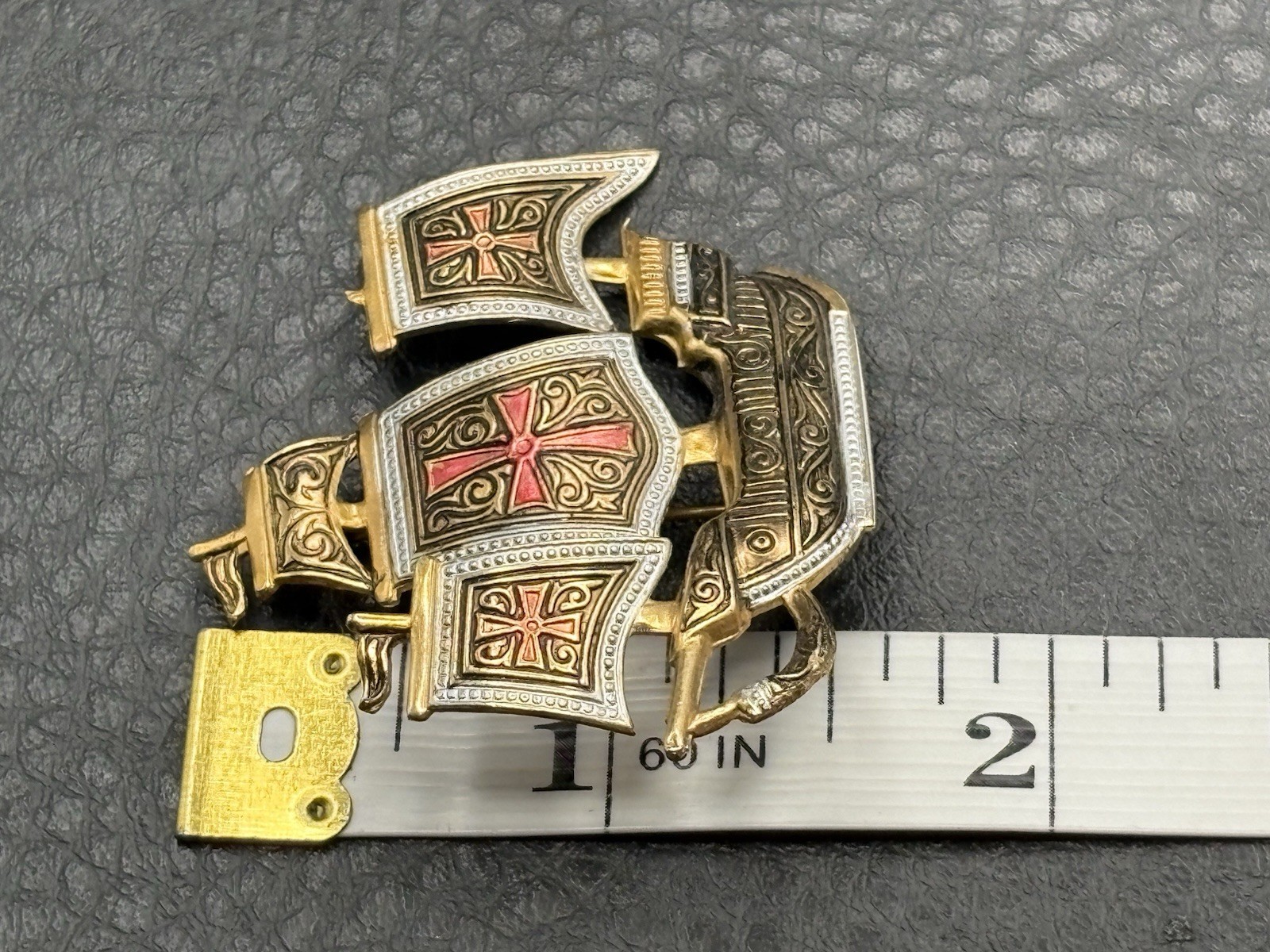 Vintage Spanish Damascene Galleon Ship Cross Brooch Pin Toledo Spain Red Enamel