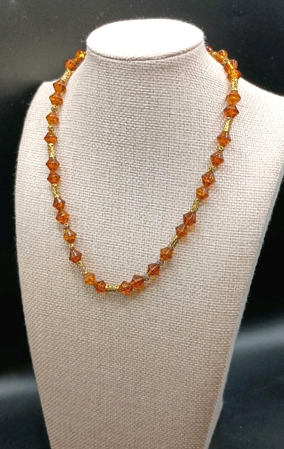 Vintage Orange Bicone Beaded Necklace Gold Tone Accents 22″
