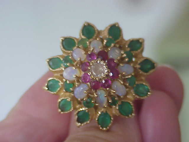 VINTAGE EUROPEAN DIAMOND-EMERALD-RUBY & OPAL STARBRUST RING SZ 5 1/2 RARE FIND