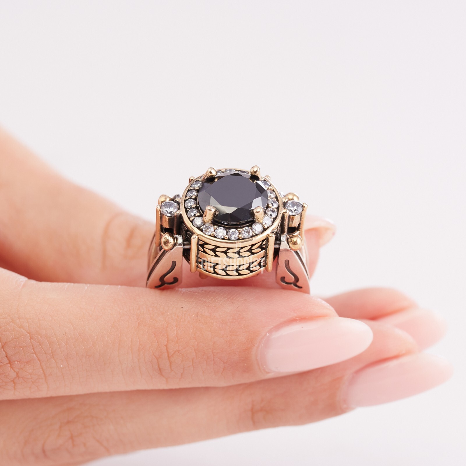 Turkish Reversible Round Emerald and Black Onyx Topaz 925 Sterling Silver Ring